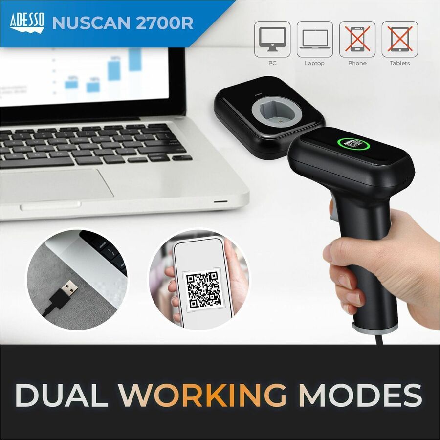 Adesso NuScan 2700R 2D Wireless Barcode Scanner with Charging Cradle