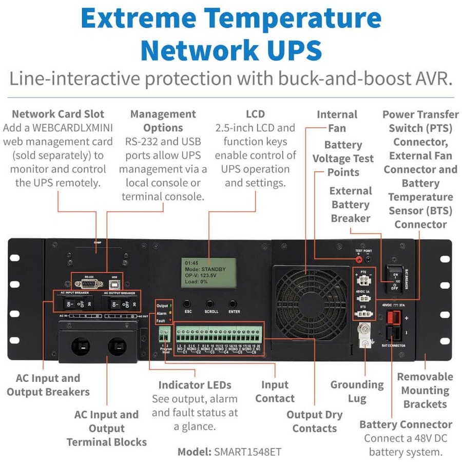 Tripp Lite by Eaton 120VAC 48VDC 1500VA 1200W Extreme Temperature Network UPS for Industrial and Traffic Networks, 3U, Hardwire, TAA