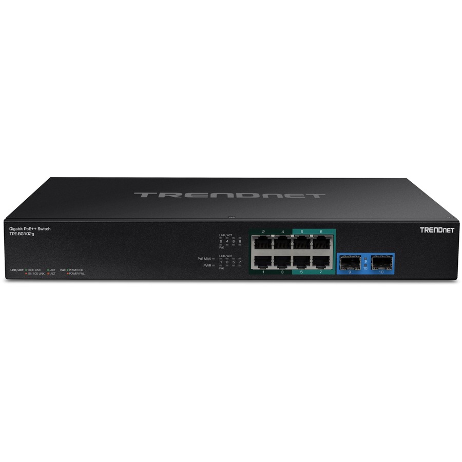 TRENDnet TPE-BG102g- 10-Port Gigabit 240W PoE++ Switch with 4 x 95W PoE++ Ports- 4 x 30W PoE+ Ports- 2 Gigabit SFP Slots, 240W PoE Budget- 1U 19