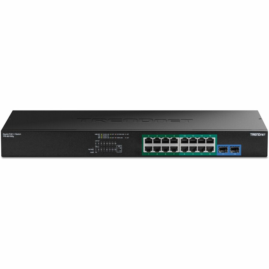 TRENDnet TPE-BG182g, 18-Port Gigabit 4PPoE Switch with 8 x 95W Gigabit 4PPoE ports, 8 x 30W Gigabit PoE+ Ports, 2 Gigabit SFP Slots,470W PoE Budget, 1U 19