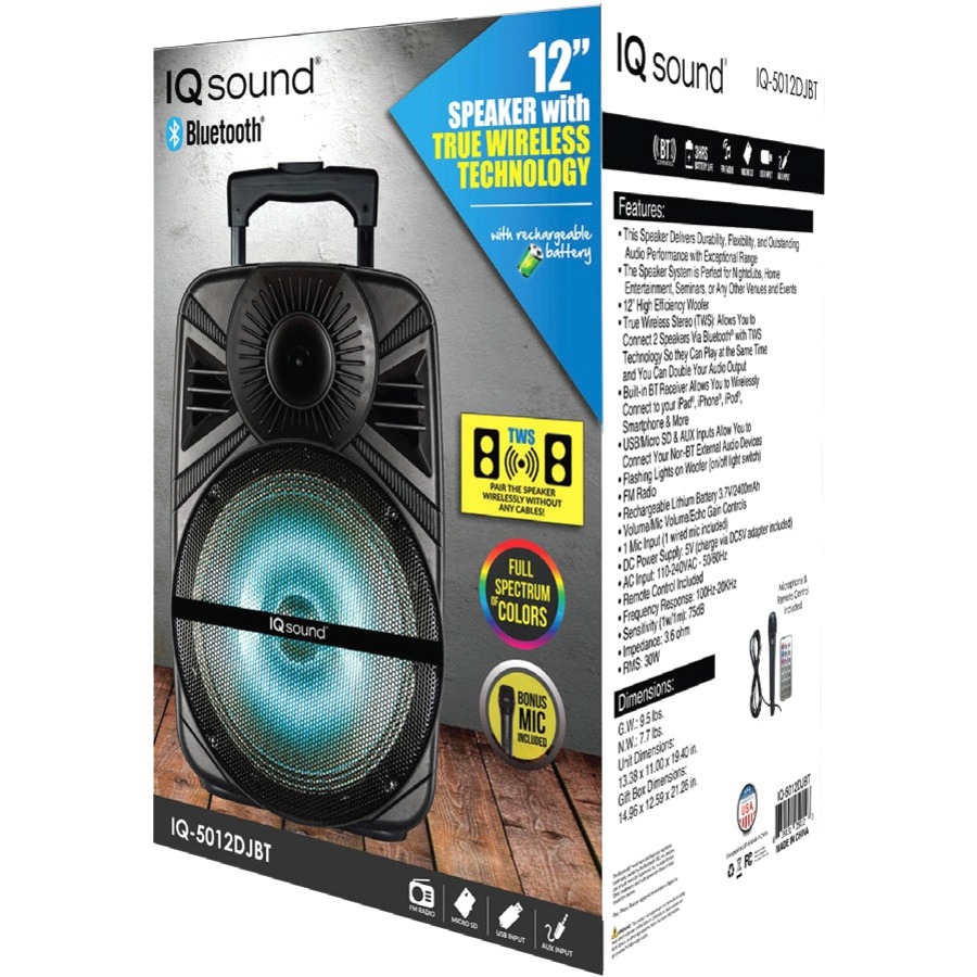 IQ Sound IQ-5012DJBT Portable Bluetooth Speaker System - 30 W RMS - Black