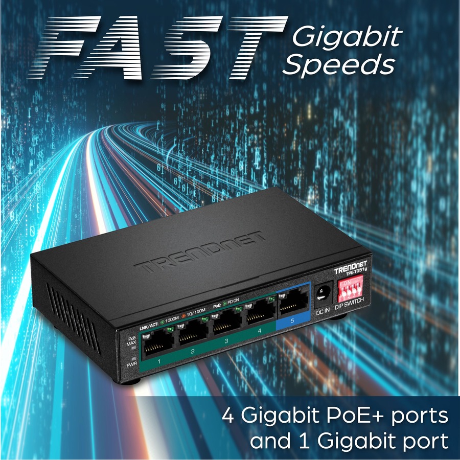 TRENDnet 5-Port Gigabit PoE+ Switch, Camera DIP Switch extends PoE+ 200m (656 ft.), 60W PoE Budget, Lifetime Protection, Black, TPE-TG51g