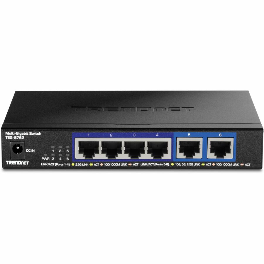 TRENDnet 6-Port 10G Switch, 4 x 2.5G RJ-45 Base-T Ports, 2 x 10G RJ-45 Ports, 60Gbps Switching Capacity, Wall Mountable, 10 Gigabit Network Connections, Lifetime Protection, Black, TEG-S762