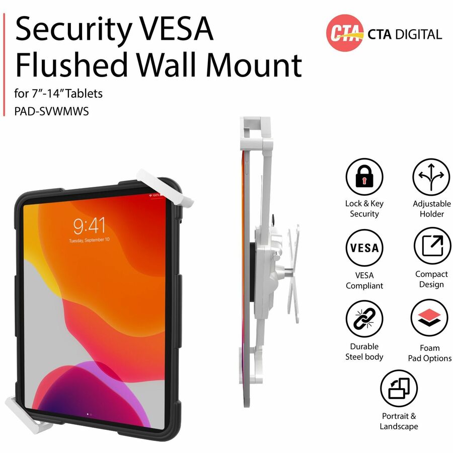 CTA Digital Security VESA Flushed Wall Mount for 7-14-Inch Tablets (White)