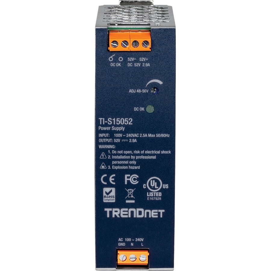 TRENDnet 150W, 52V DC, 2.89A AC to DC DIN-Rail Power Supply, TI-S15052, Industrial Power Supply with Built-In Power Factor Controller Function, Silver