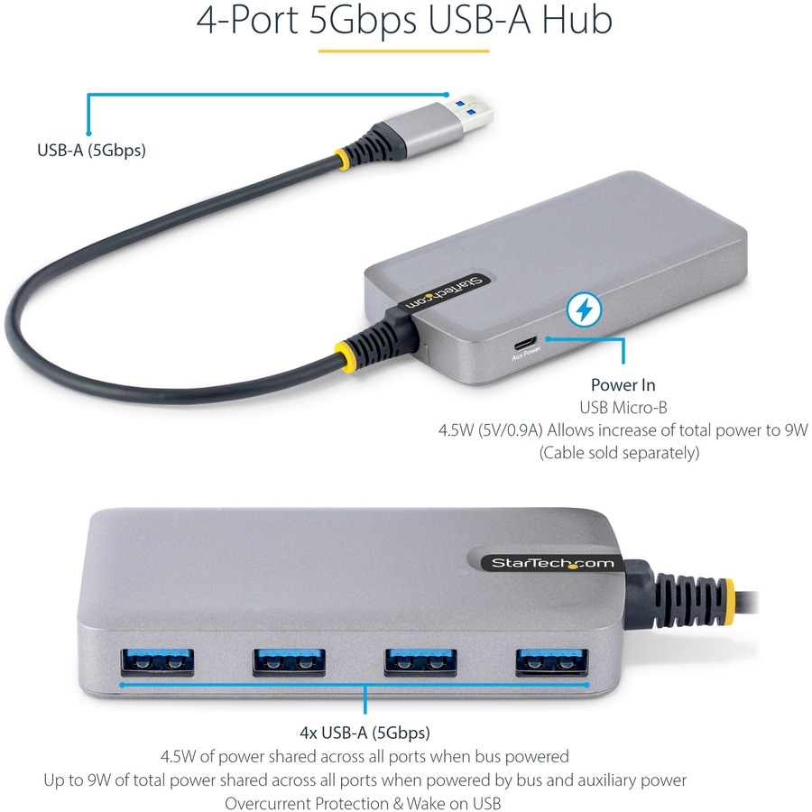 StarTech.com 4-Port USB Hub, USB 3.0 5Gbps, Bus Powered, USB-A to 4xA w/ Optional Auxiliary Power, Portable Laptop USB Hub, 1ft/30cm Cable