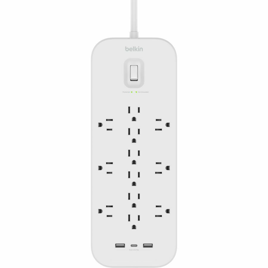 Belkin 12-Outlet Surge Protector Power Strip w/ 12 AC Outlets, 1 USB-C Port, & 2 USB-A Ports, 6ft Cable, Overload and Overvoltage Protection, and On/Off Power Switch - 4,000 Joules of Protection