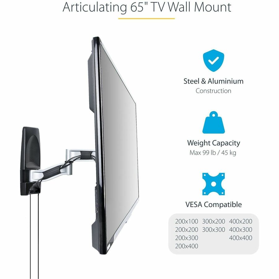 StarTech.com Articulating TV Wall Mount, VESA Wall Mount TV Bracket for 65 inch/99lb/Curved TVs, Corner Adjustable Low Profile Wall Mount