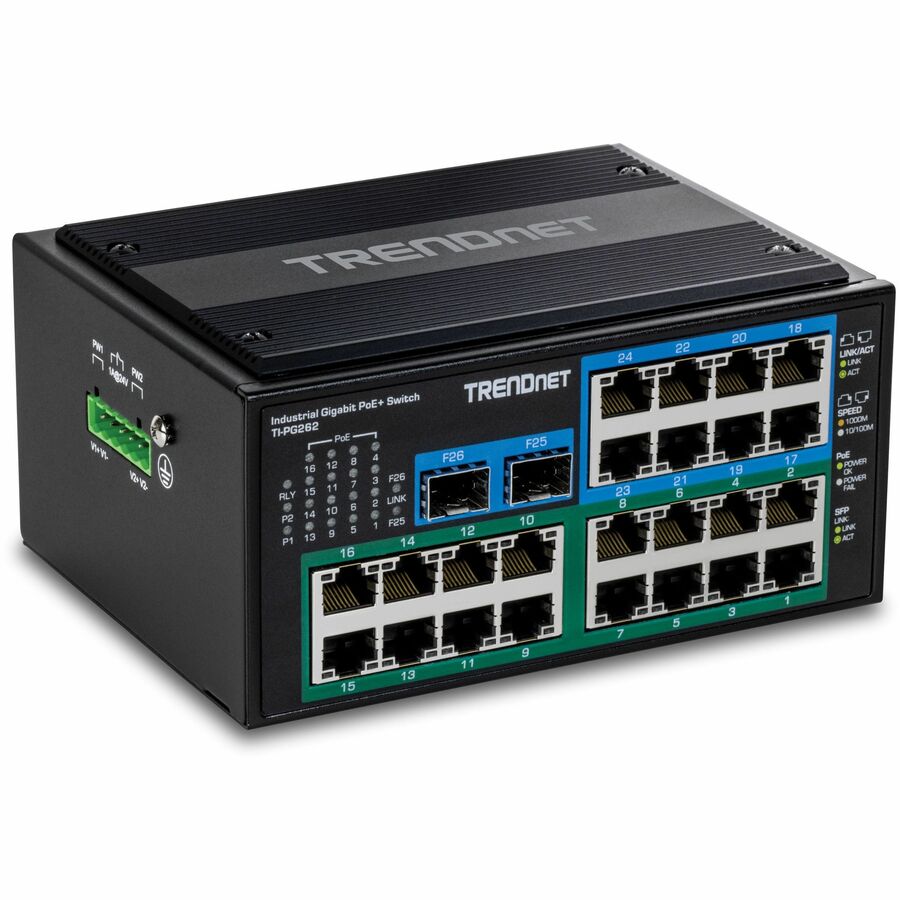 TRENDnet 26-Port Hardened Industrial Unmanaged Gigabit DIN-Rail Switch, TI-PG262, 16 x Gigabit PoE+ Ports, 8 x Gigabit RJ-45 Ports, 2 x SFP Ports, IP30, Lifetime Protection, Black