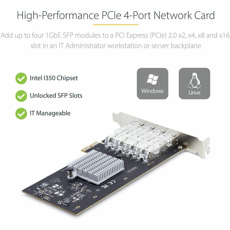 StarTech.com 4-Port GbE SFP Network Card, PCIe 2.0 x2 (x4, x8, x16 Compatible), Intel I350-AM4, Copper/Fiber Optic, Gigabit Ethernet