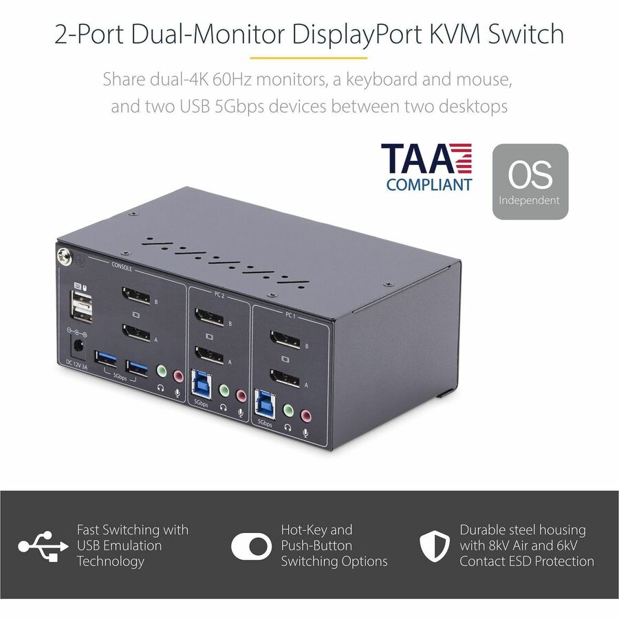 StarTech.com 2-Port Dual-Monitor DisplayPort KVM Switch, 4K 60Hz, 2x USB 5Gbps Ports, Hotkey/Push-Button Switching, TAA Compliant