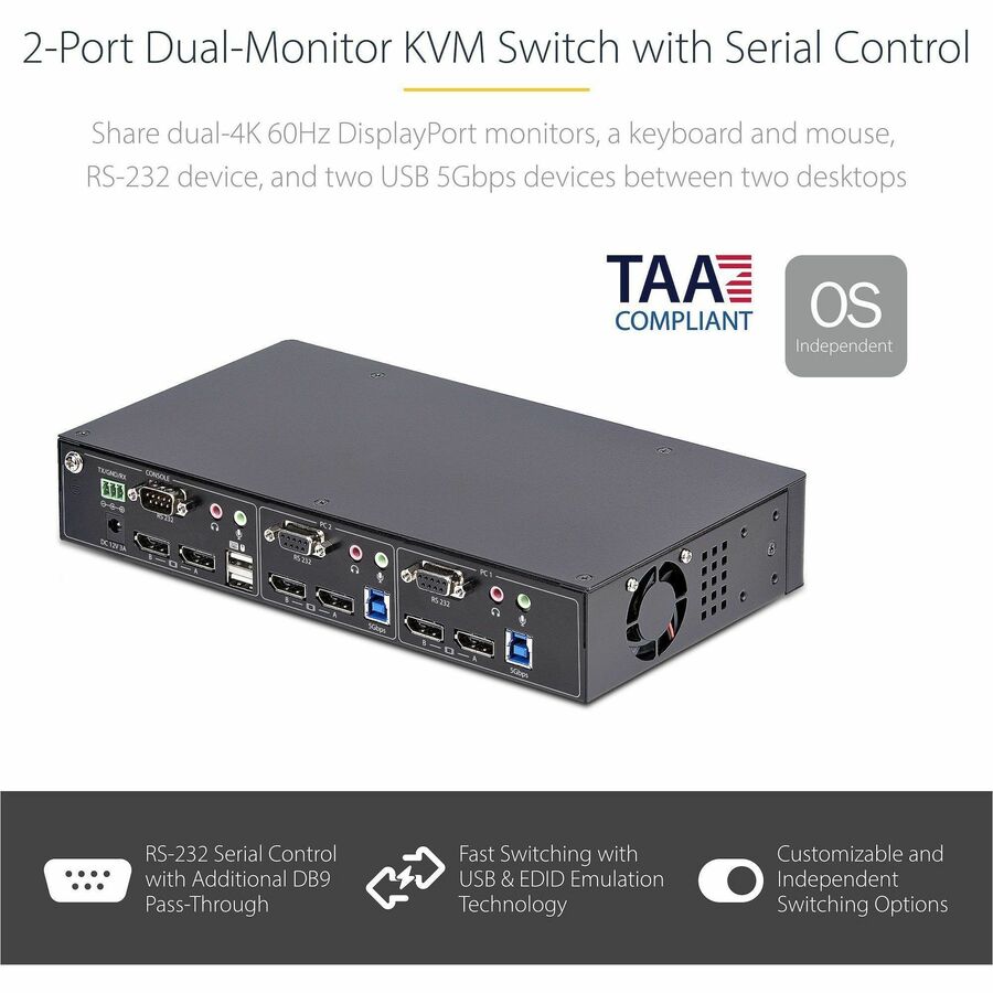 StarTech.com 2-Port Dual-Monitor DisplayPort KVM Switch, RS232 Serial Control, 4K 60Hz, 2x USB 5Gbps Hub Ports, TAA Compliant