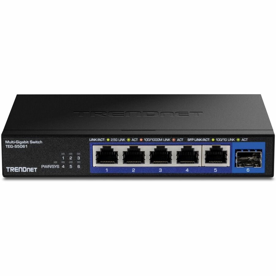 TRENDnet 6-Port Unmanaged 2.5G Switch with 10G SFP+ Port, TEG-S5061, 5 x 2.5GBASE-T Ports, 45Gbps Switching Capacity, Fanless, Wall Mountable, Lifetime Protection Black