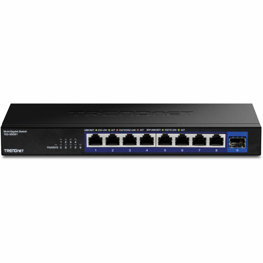 TRENDnet 9-Port Unmanaged 2.5G Switch with 10G SFP+ Port, TEG-S5091, 8 x 2.5GBASE-T Ports, 60Gbps Switching Capacity, Fanless, Wall Mountable,Lifetime Black