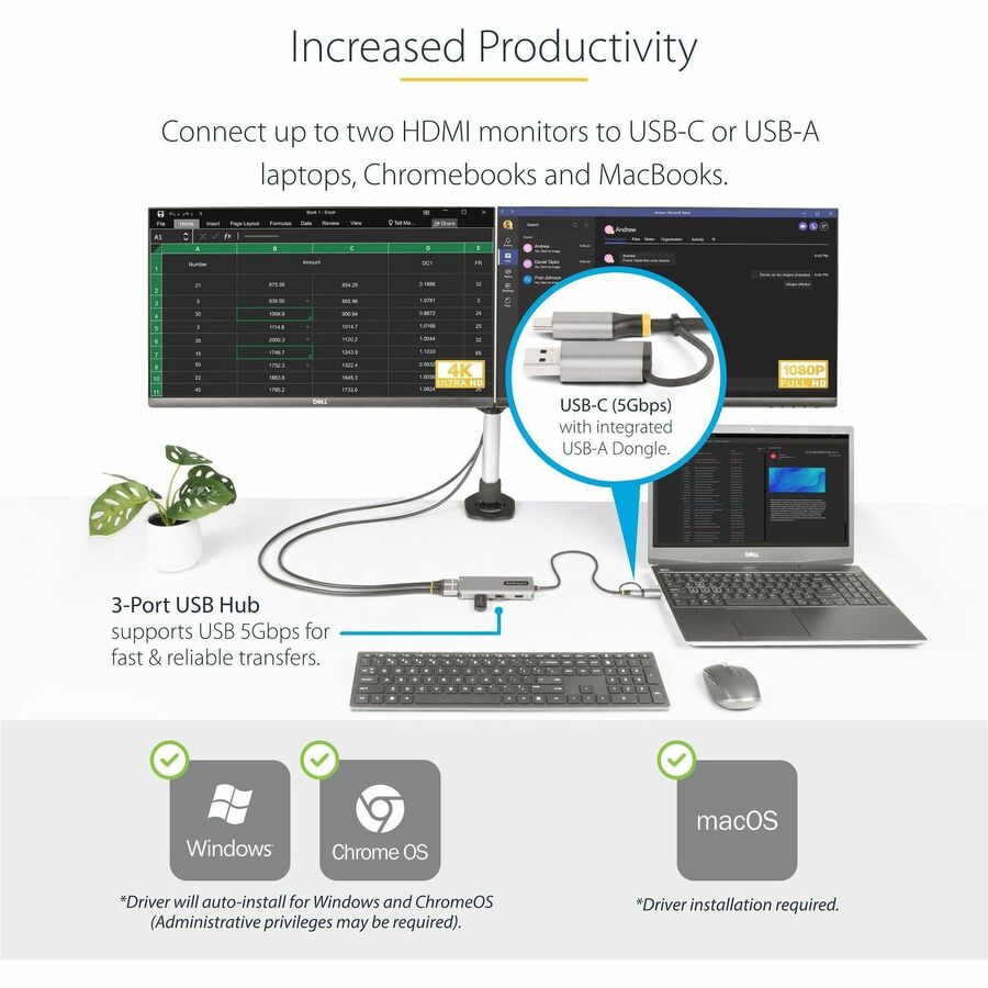 StarTech.com USB-C Multiport Adapter w/Attached USB-C to USB-A Dongle, Dual HDMI 4K/1080, 3x USB, Mini Laptop Docking Station, Travel Dock