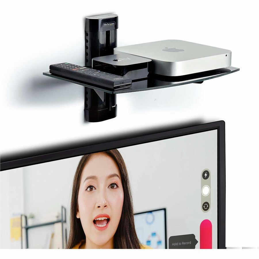 StarTech.com Floating Wall-Mounted AV Shelf, Adjustable Height Shelf For Under TV A/V Equipment, Black Tempered Glass Shelf